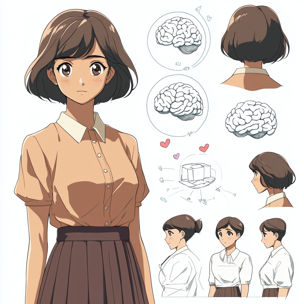 Character sheet of Tappuru Sensei, psychology teacher, clean, professional.