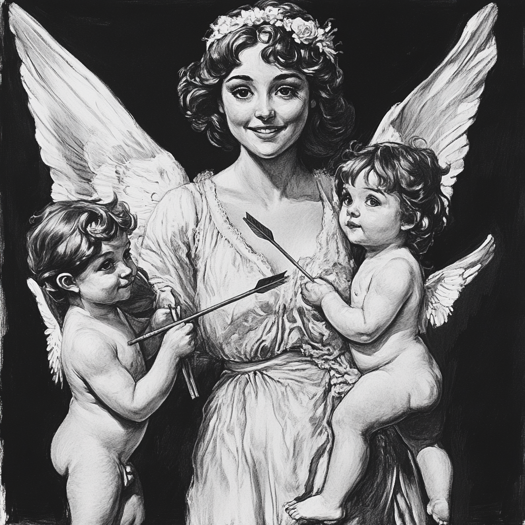 Charcoal Drawing of Lady Angel with Three Cherub Children