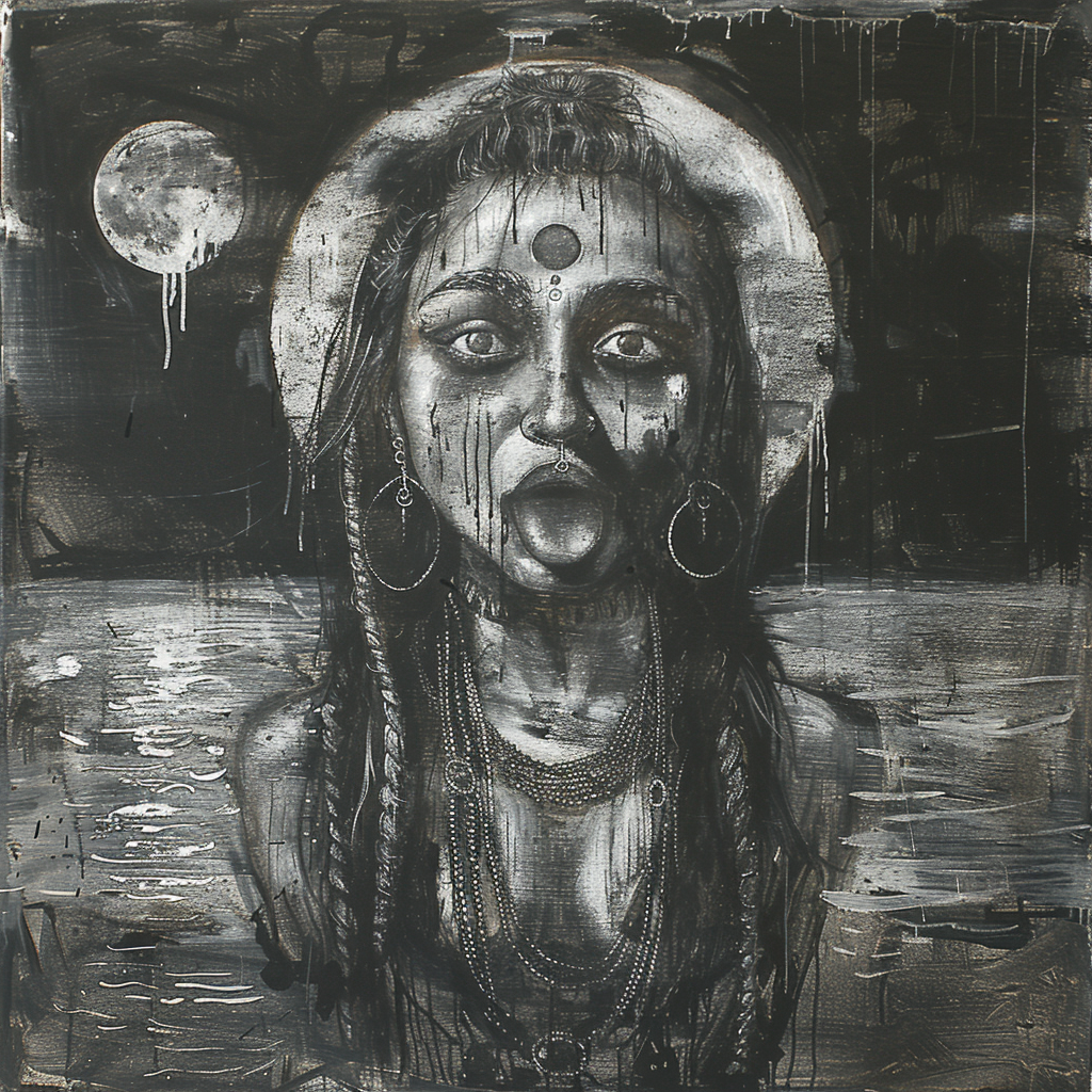 Charcoal painting of goddess Kali by river Ganga.