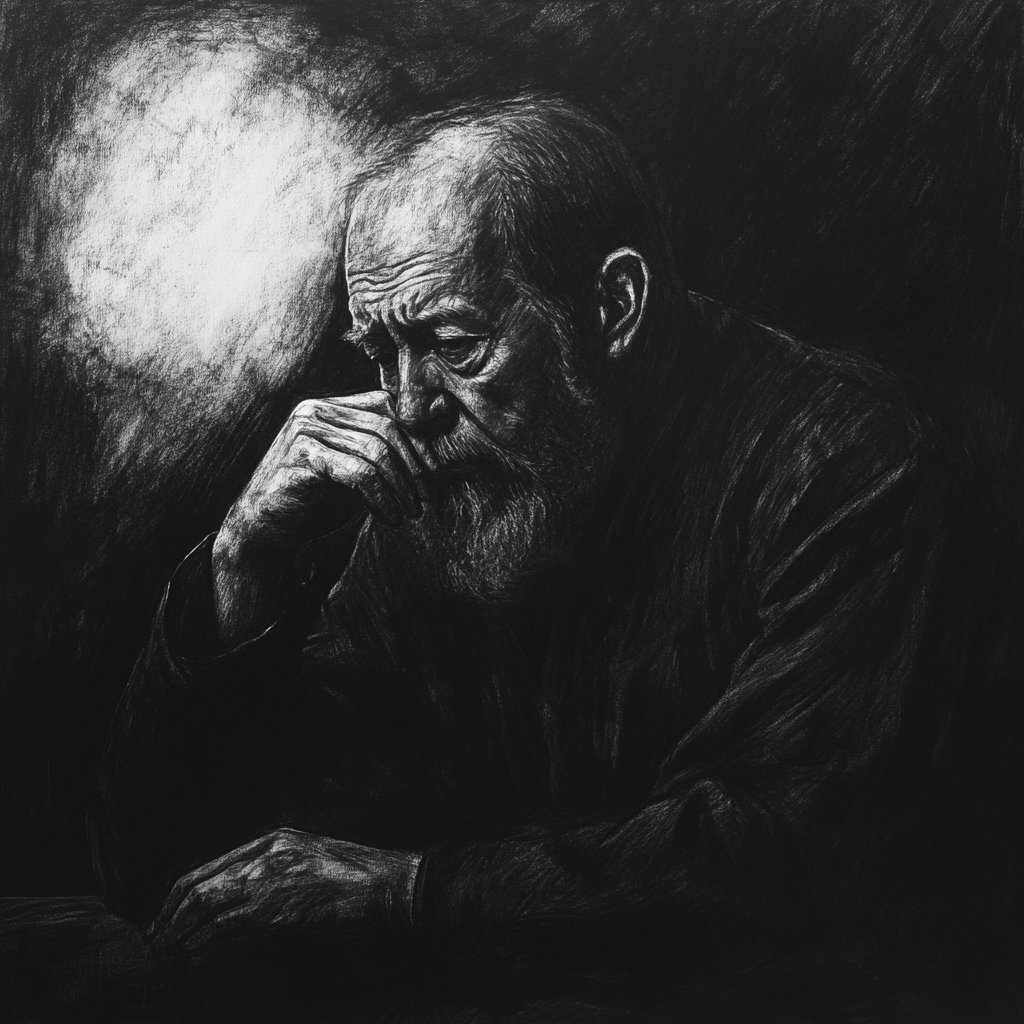 Charcoal portrait of Russian author Solzhenitsyn, deep in thought.