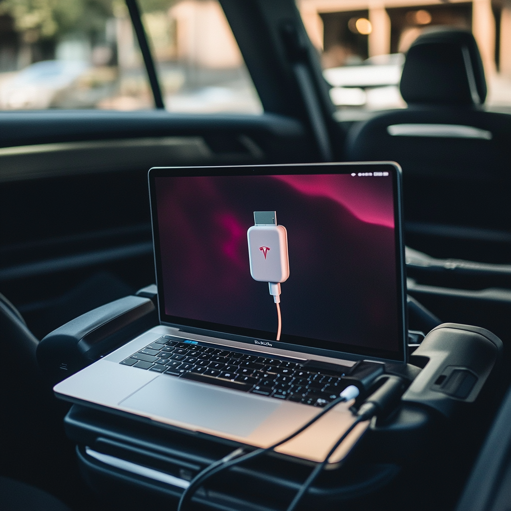 Charging laptop in electric car back seat