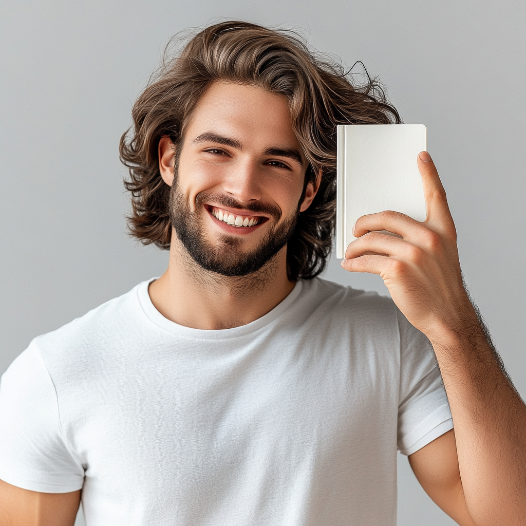 Charismatic male with thick hair, holding book mockup proudly.