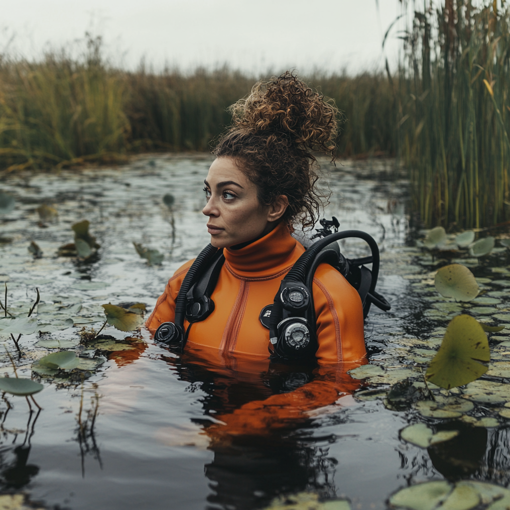 Charlotte Church in Orange Wetsuit Scuba Diving Lake