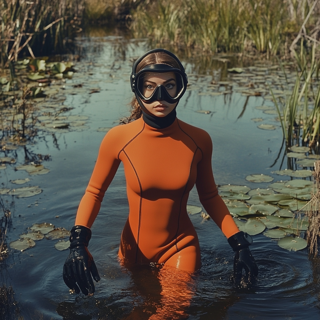 Charlotte Church in orange wetsuit diving in weedy lake