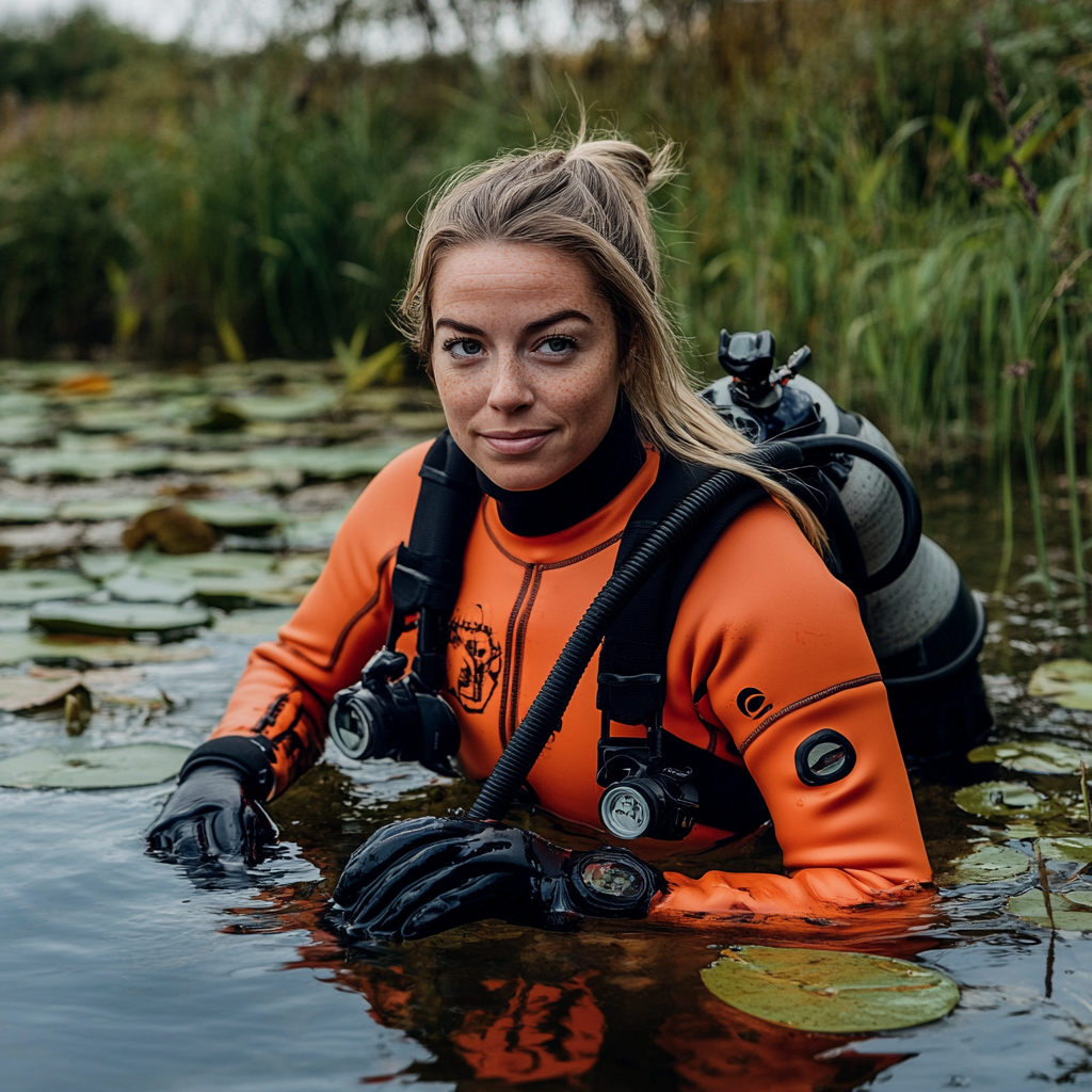 Charlotte Church in orange wetsuit in weedy lake