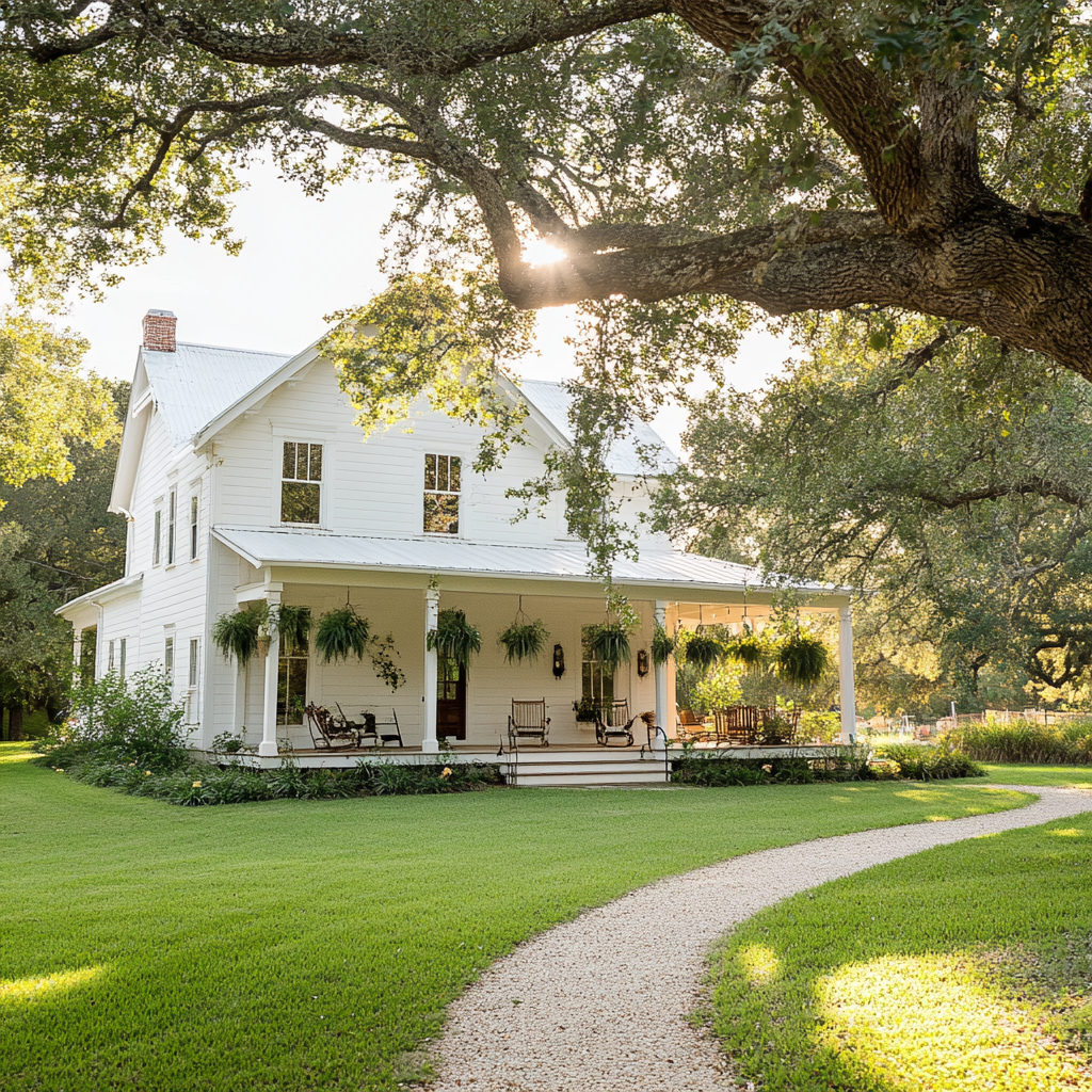 Charmin farmhouse with white exterior and inviting porch.