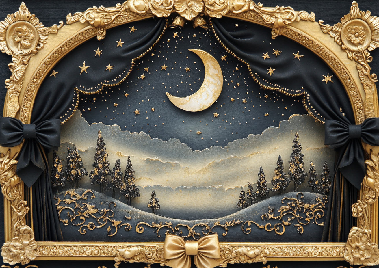 Charming Moonlit Night Painting in Ornate Frame