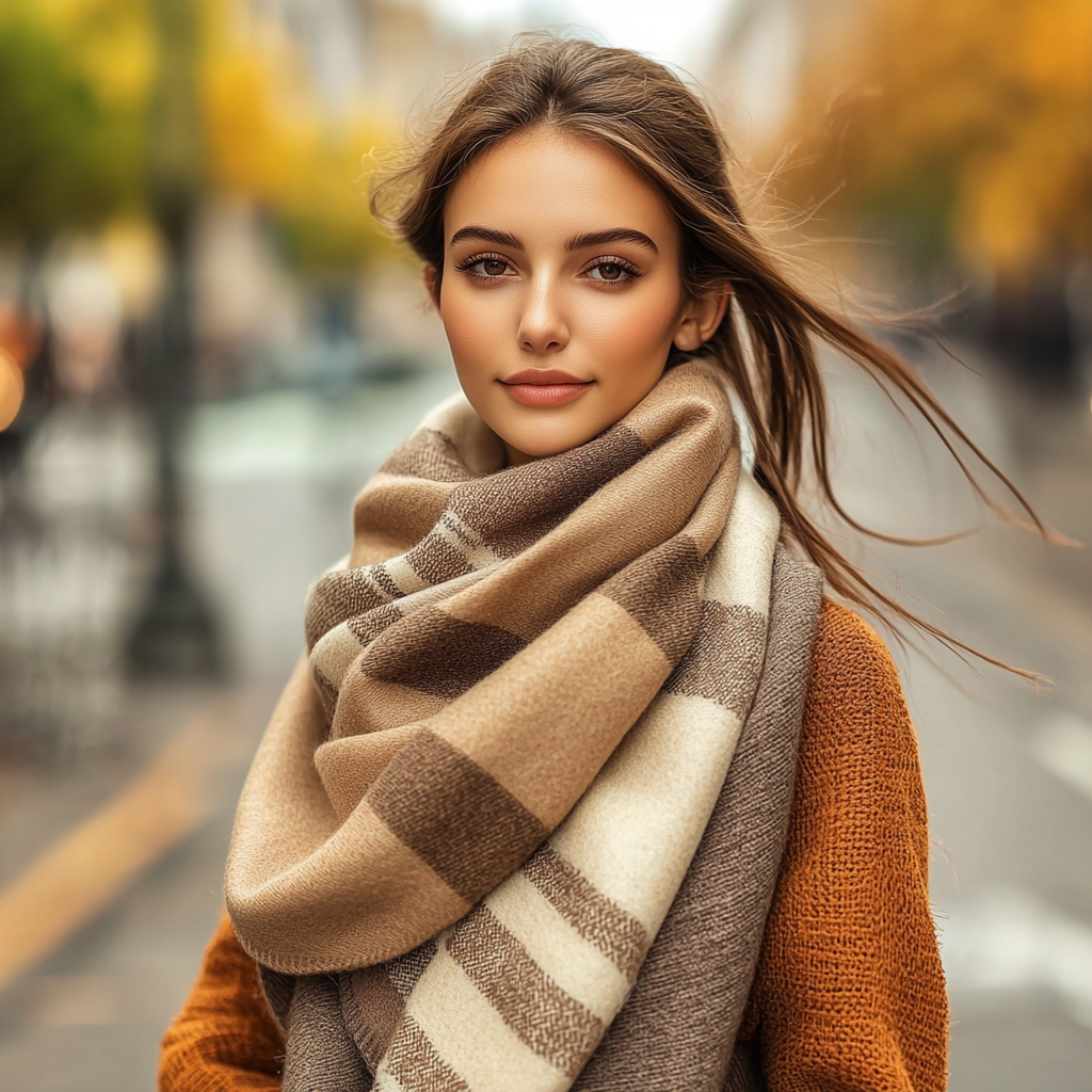 Charming Woman in Stylish Autumn Scene with Scarf