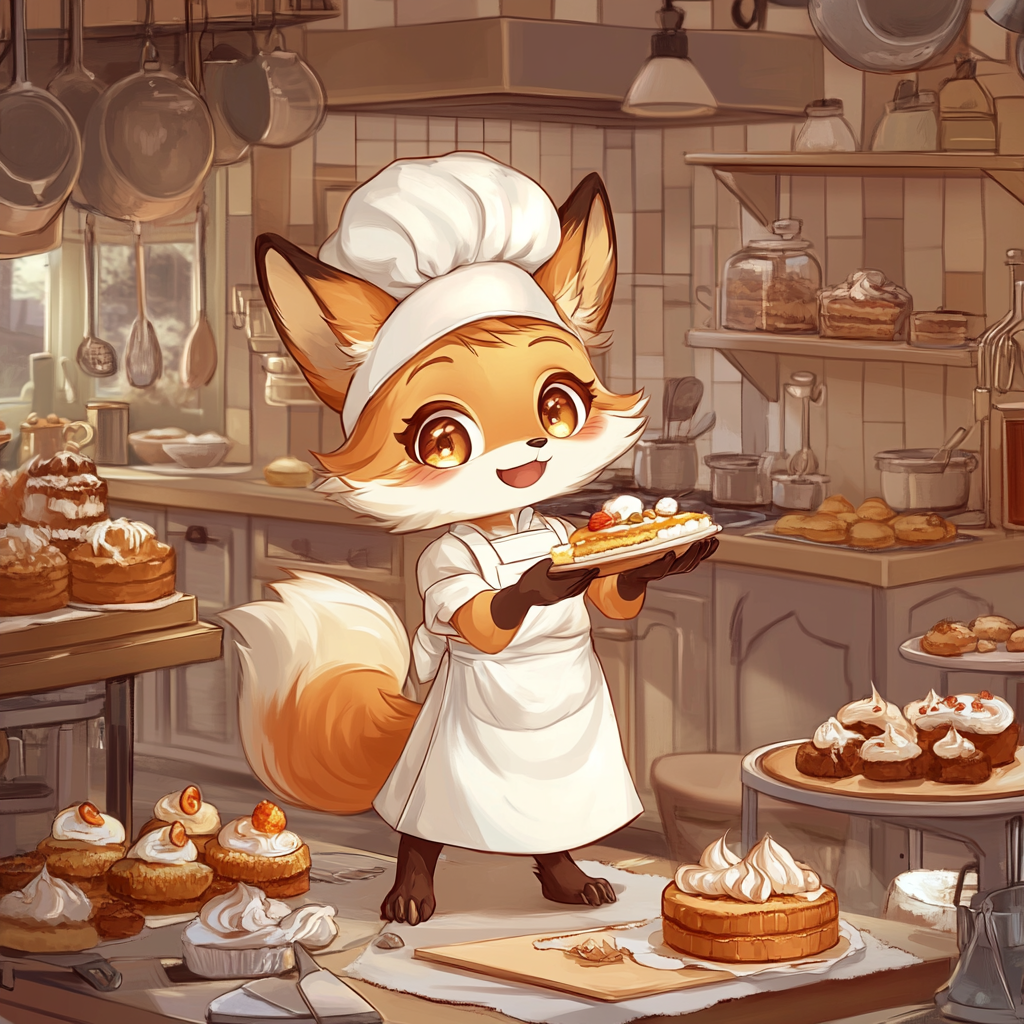 Charming chibi fox baker decorating cake in kitchen.