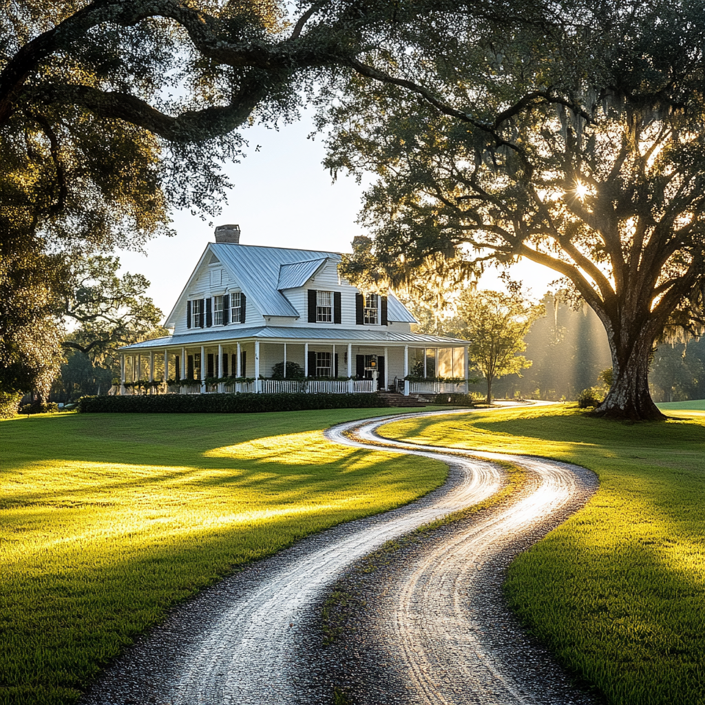 Charming countryside farmhouse with green lawn and sunlight.