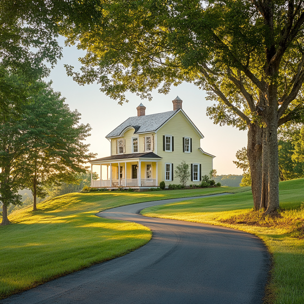 Charming farmhouse in rural setting with yellow exterior.