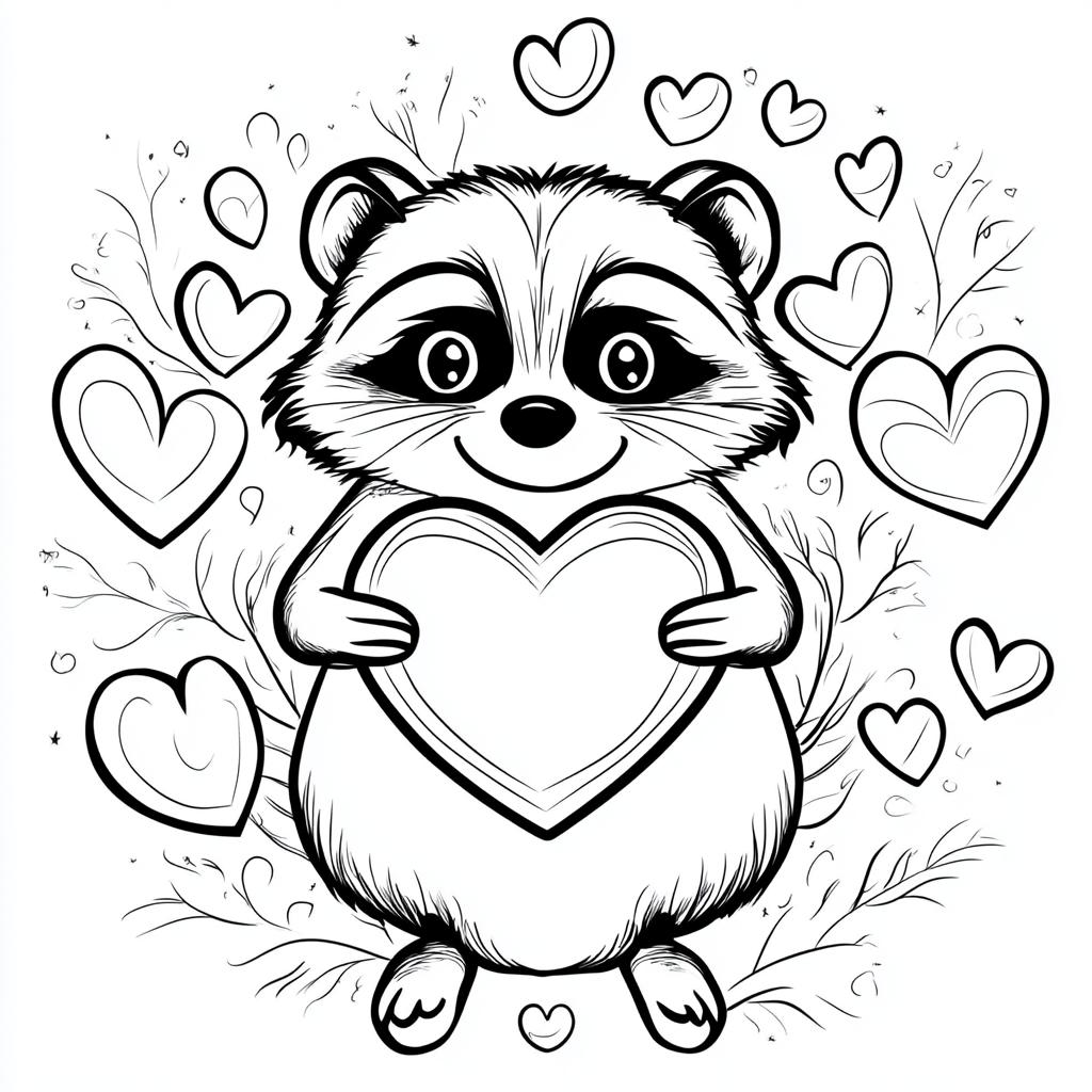 Charming raccoon holding heart with surrounding hearts, minimalist style.