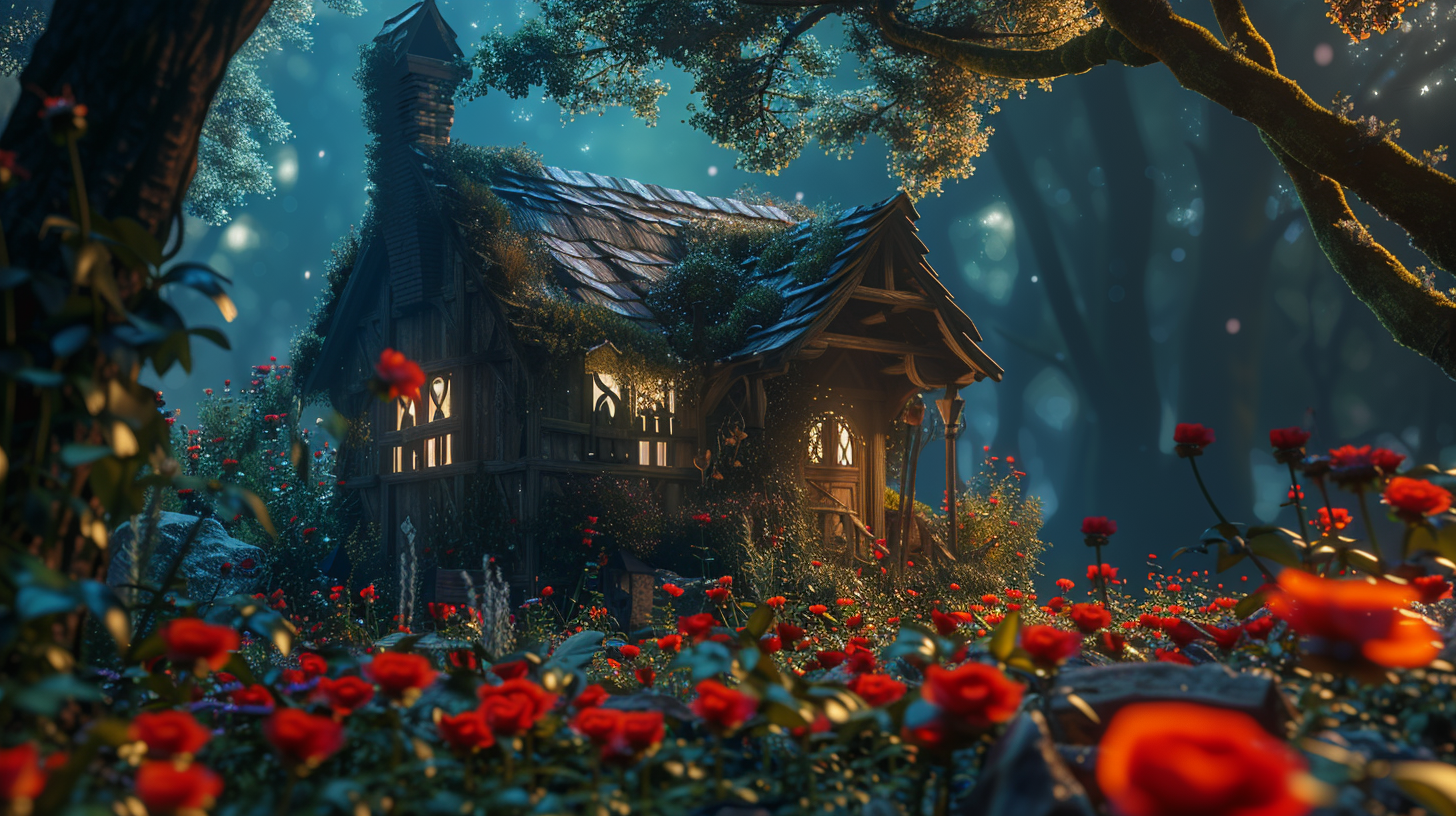 Charming tiny house in magical forest with red flowers.