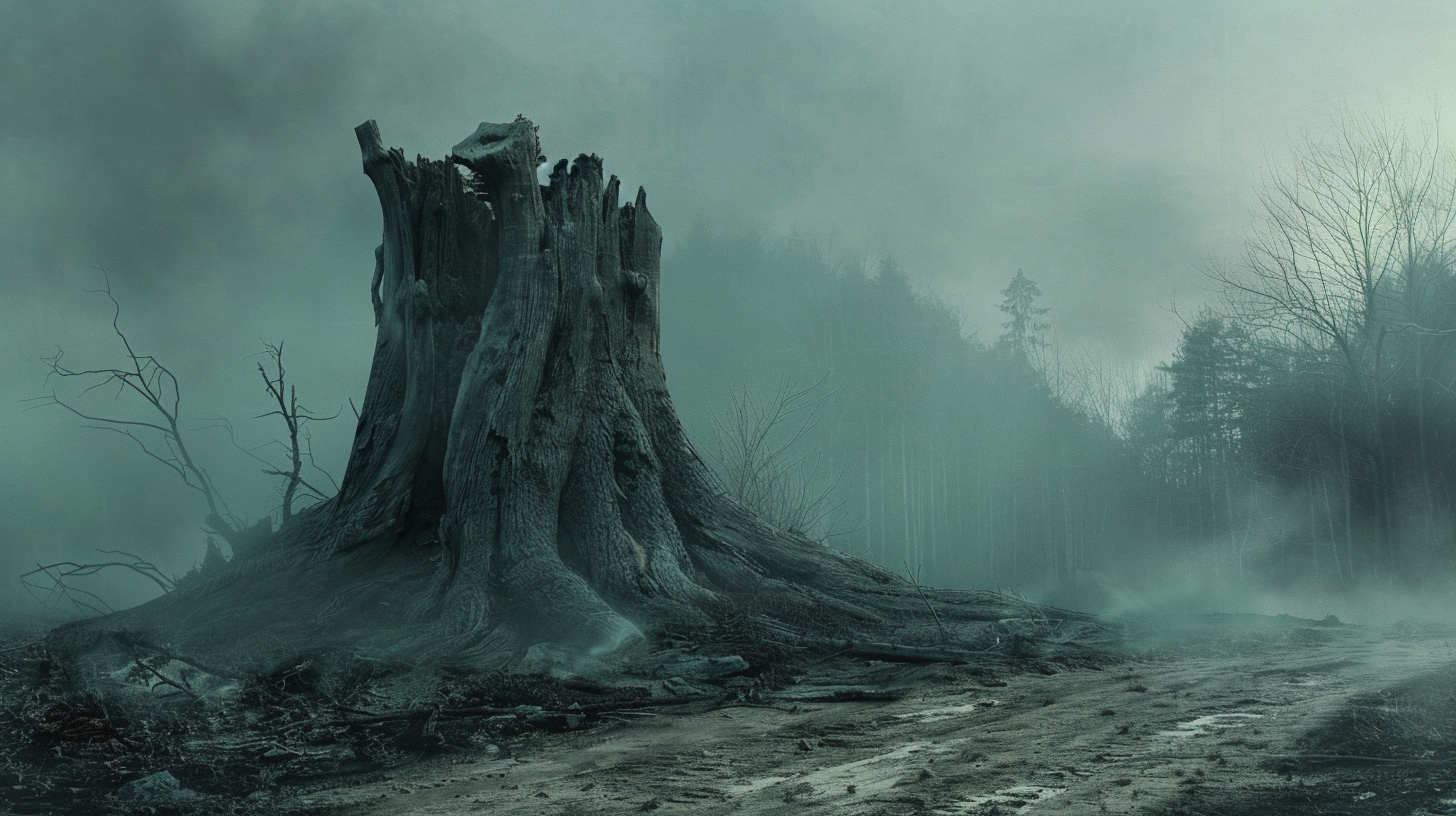 Charred Wych Elm tree in foggy fantasy forest.