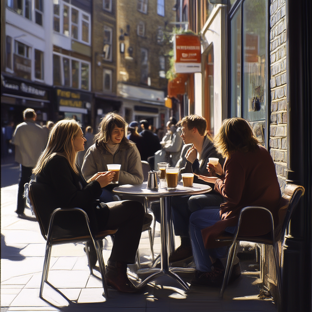 Chatting at Shoreditch Cafe Tables, Sunny Day Scene 