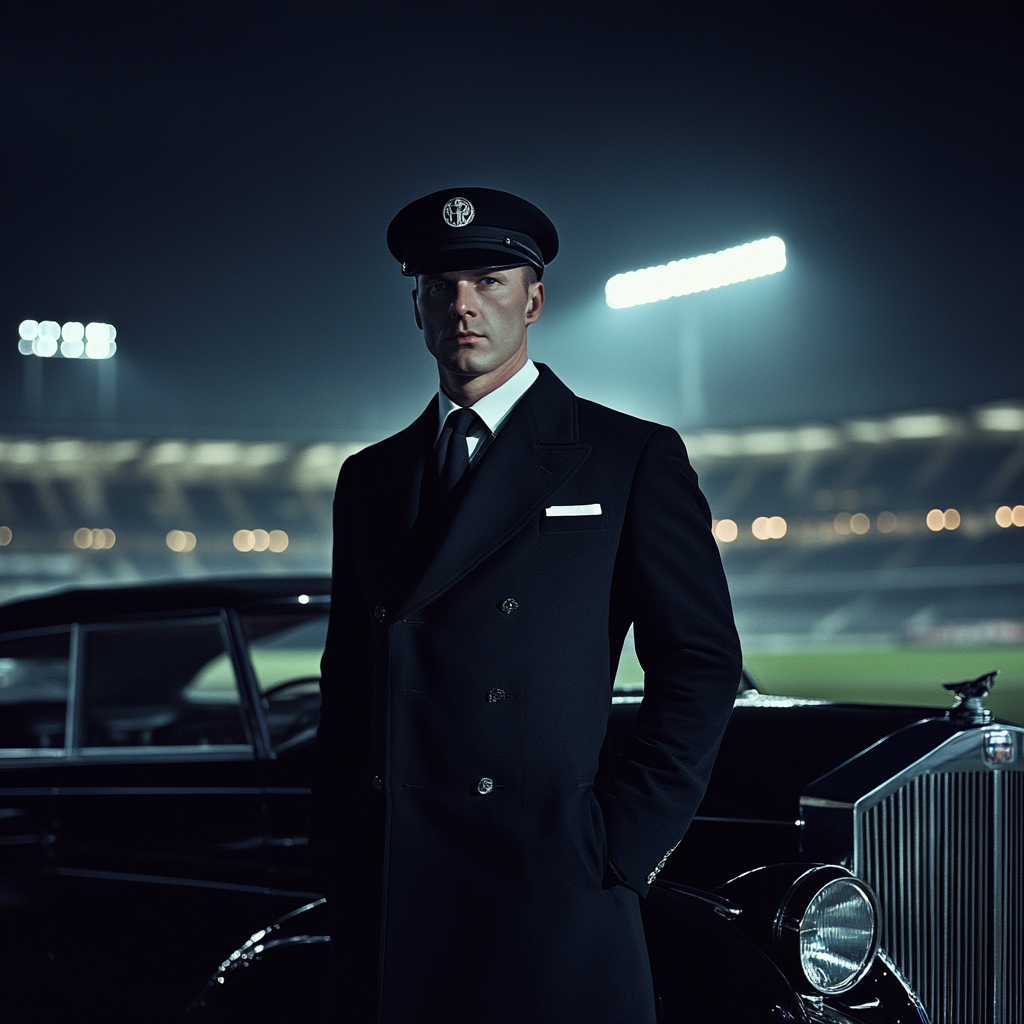 Chauffeur in Suit and Hat at Football Stadium