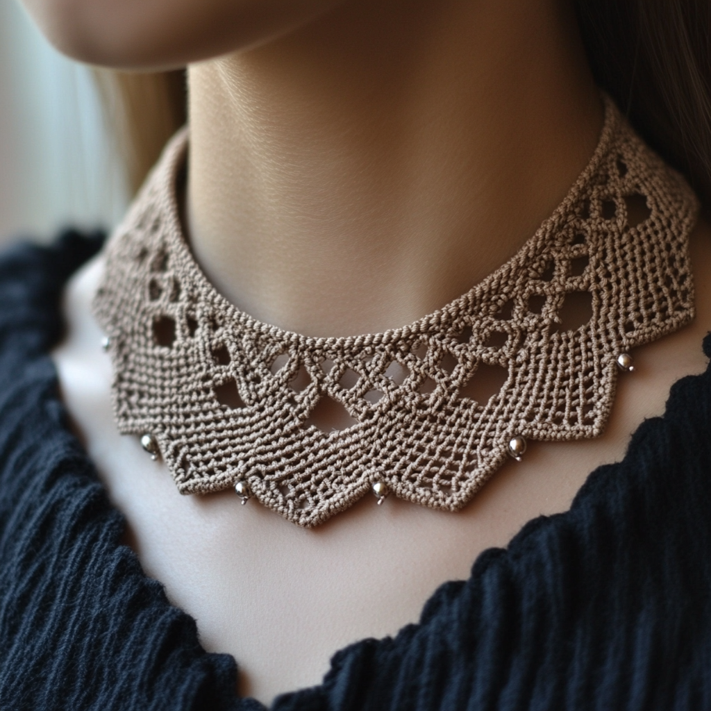 Checkerboard pattern knitted necklace with round bead accents.