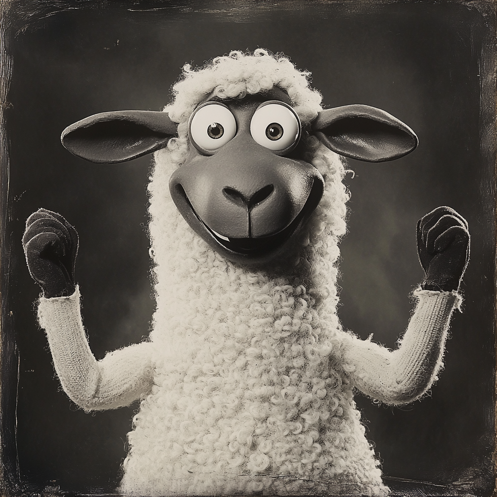 Cheerful 1930s cartoon sheep character with bendy limbs.