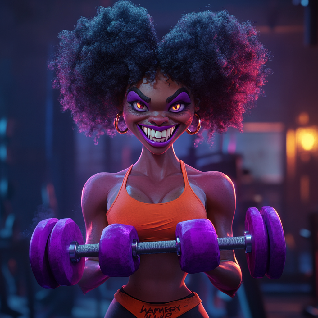 Cheerful African vampire girl in gym with Halloween style.