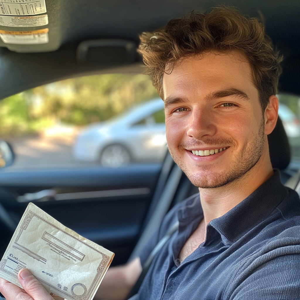 Cheerful British Man Holding Cheque in Car