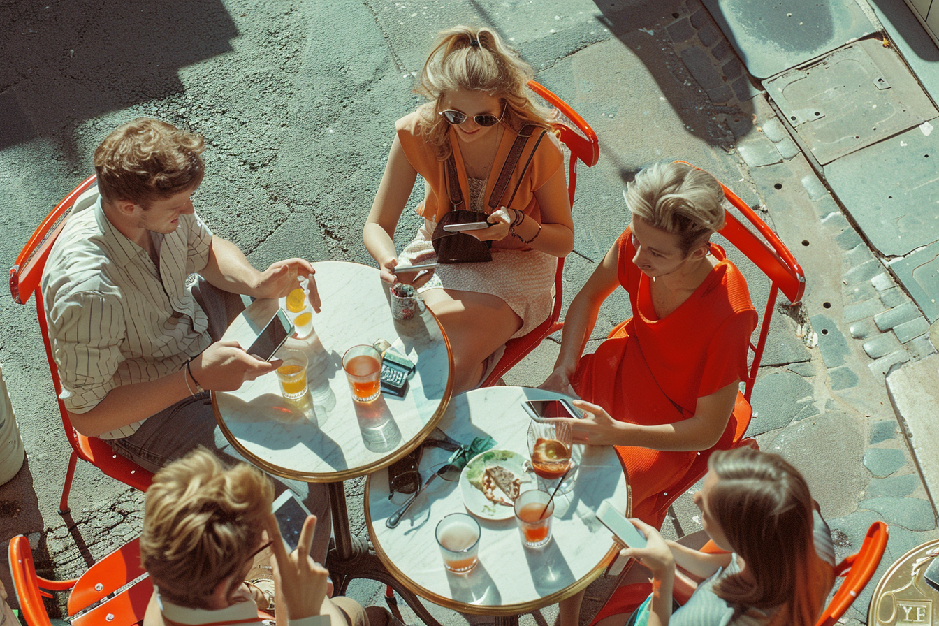 Cheerful Friends Enjoying Sunny Day at Red Accented Pub