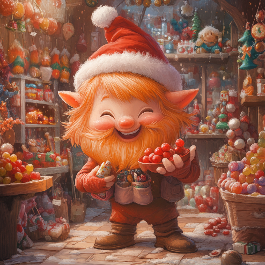 Cheerful Ginger the gnome shares holiday treats joyfully.