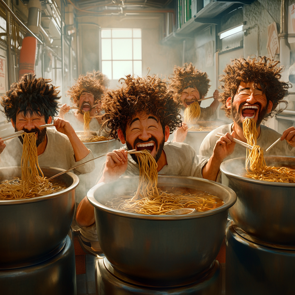 Cheerful Japanese Men Enjoying Oversized Ramen Bowls