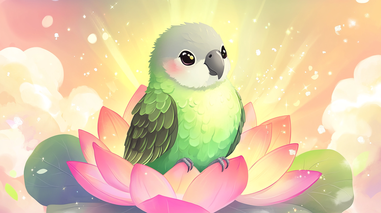 Cheerful Quaker Parrot as Bodhisattva on lotus flower.