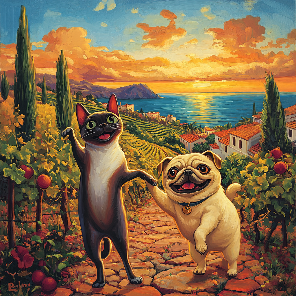 Cheerful Siamese cat and goofy Pug dancing in vineyard