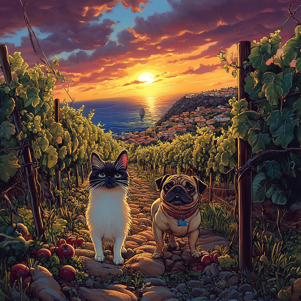 Cheerful Siamese cat and goofy Pug make vineyard.