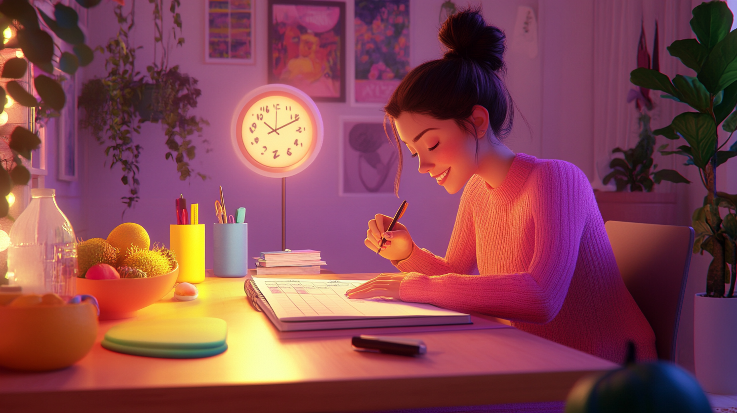 Cheerful Woman Organizing Healthy Habits at Desk