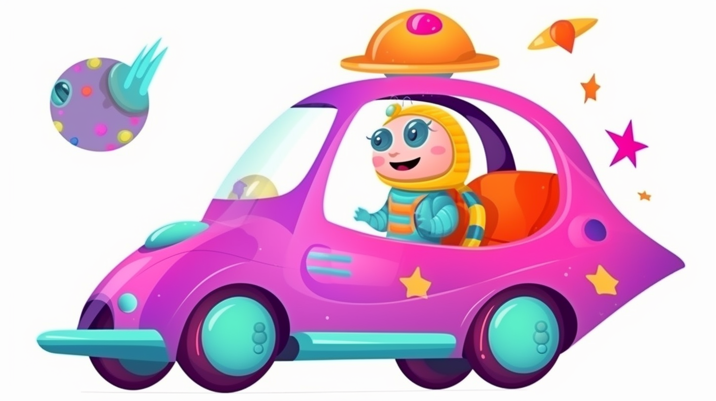 Cheerful astronaut and small car in cartoon style