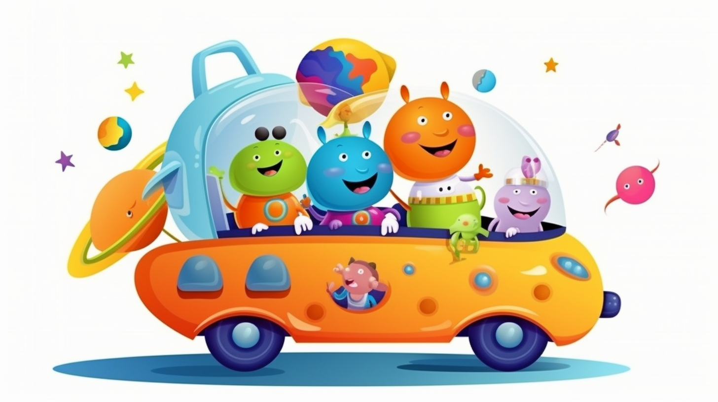 Cheerful astronauts in colorful small car