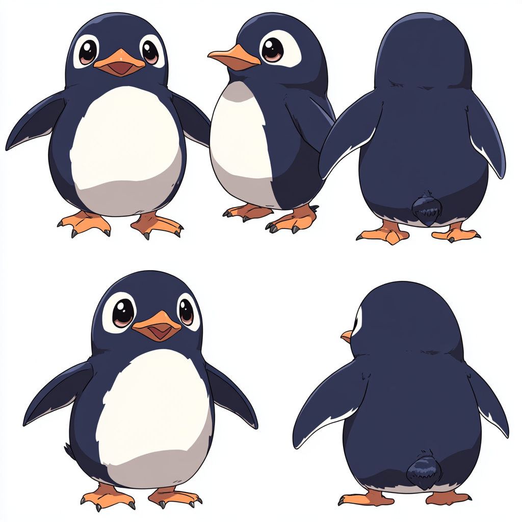 Cheerful cartoon penguin from different angles. Vintage style