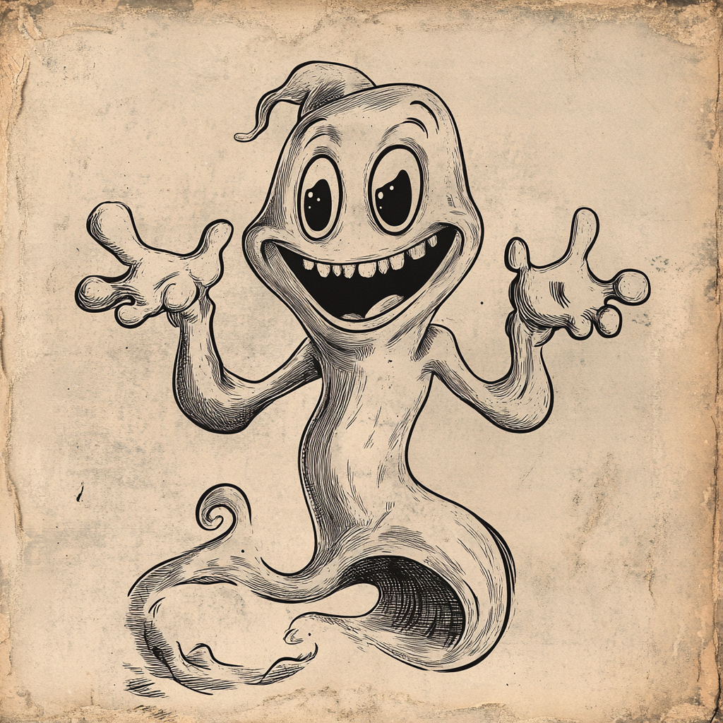 Cheerful ghost in old cartoon style with accessories.