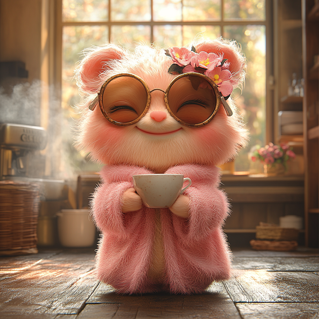 Cheerful girl in pink robe, slippers, sunglasses, coffee. Kitchen.