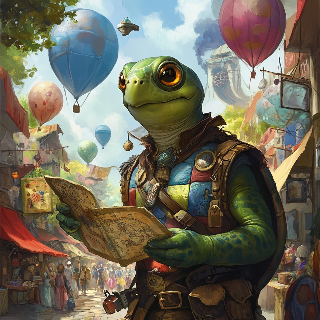 Cheerful turtle explores magical market with friends.