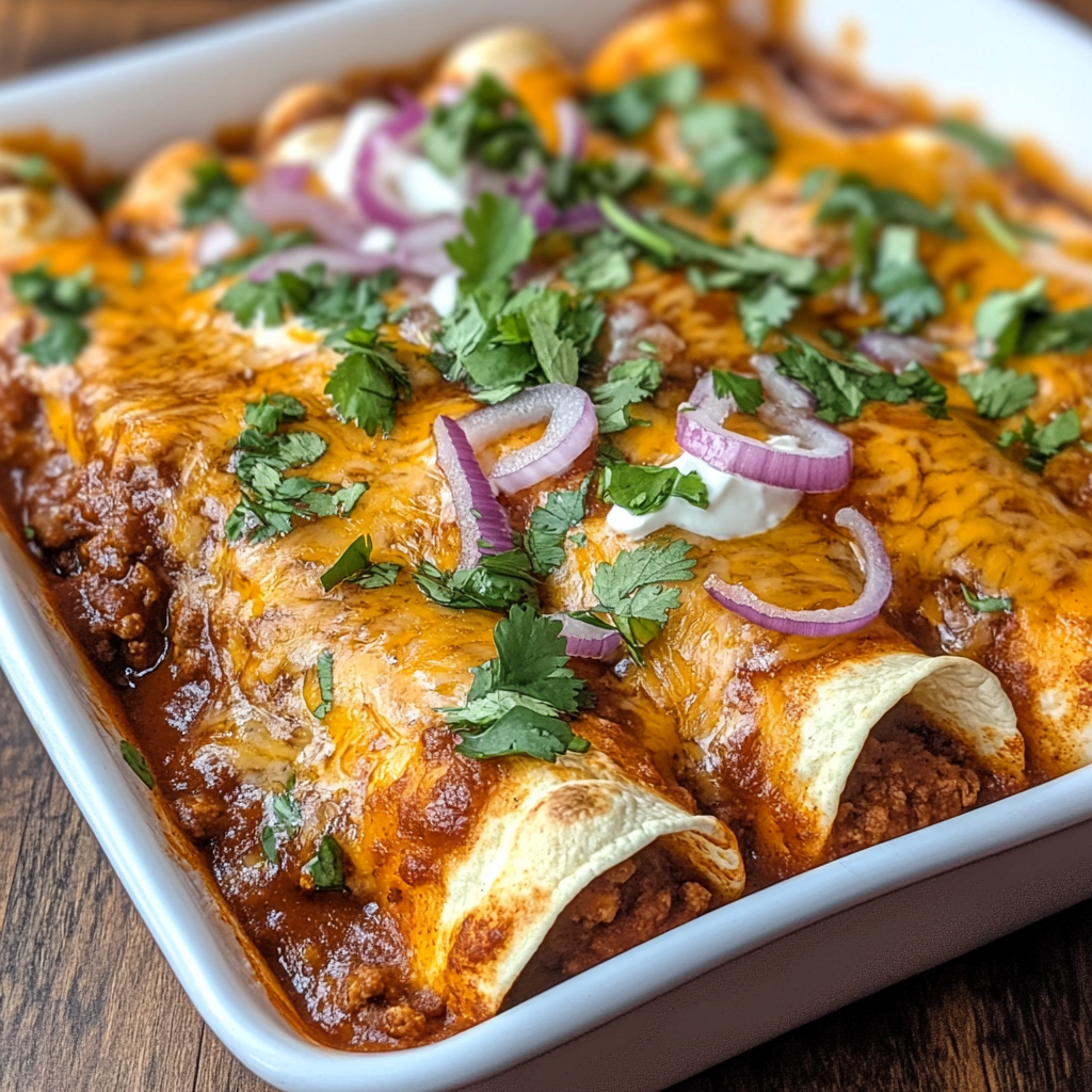 Cheesy beef enchiladas with red sauce, cilantro and sour cream.