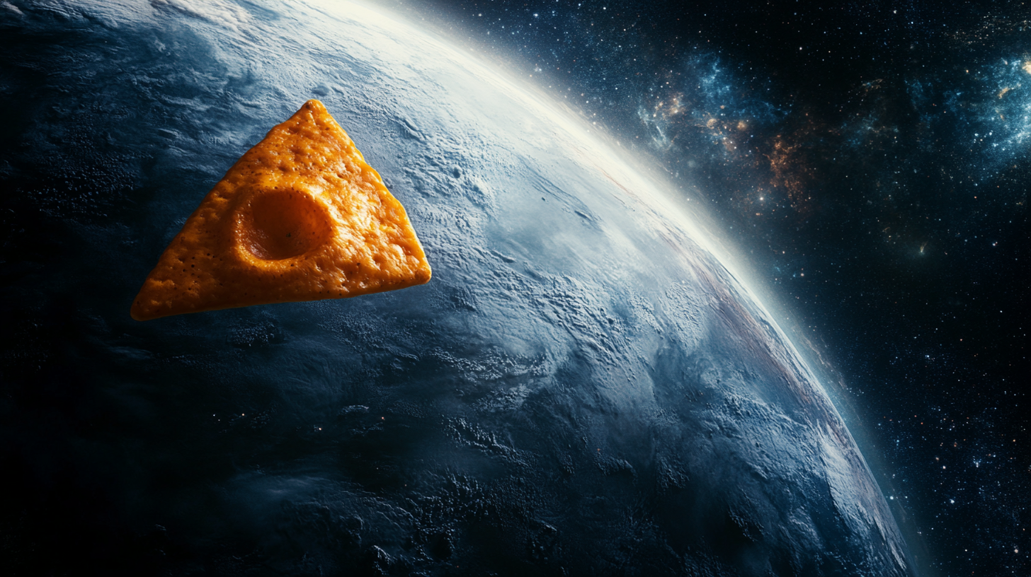 Cheesy orange crisp soaring through space - Cinematic 4K