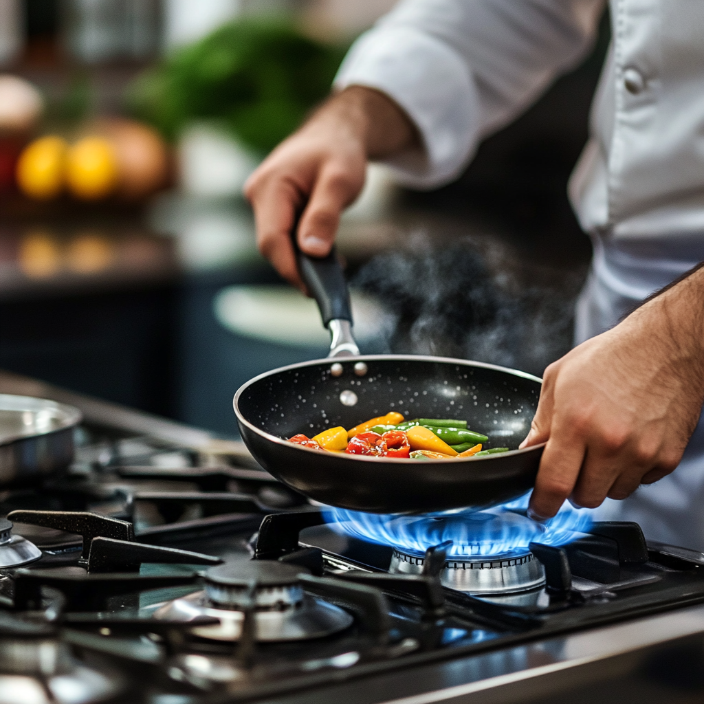 Chef cooking on stove, preparing food in kitchen.