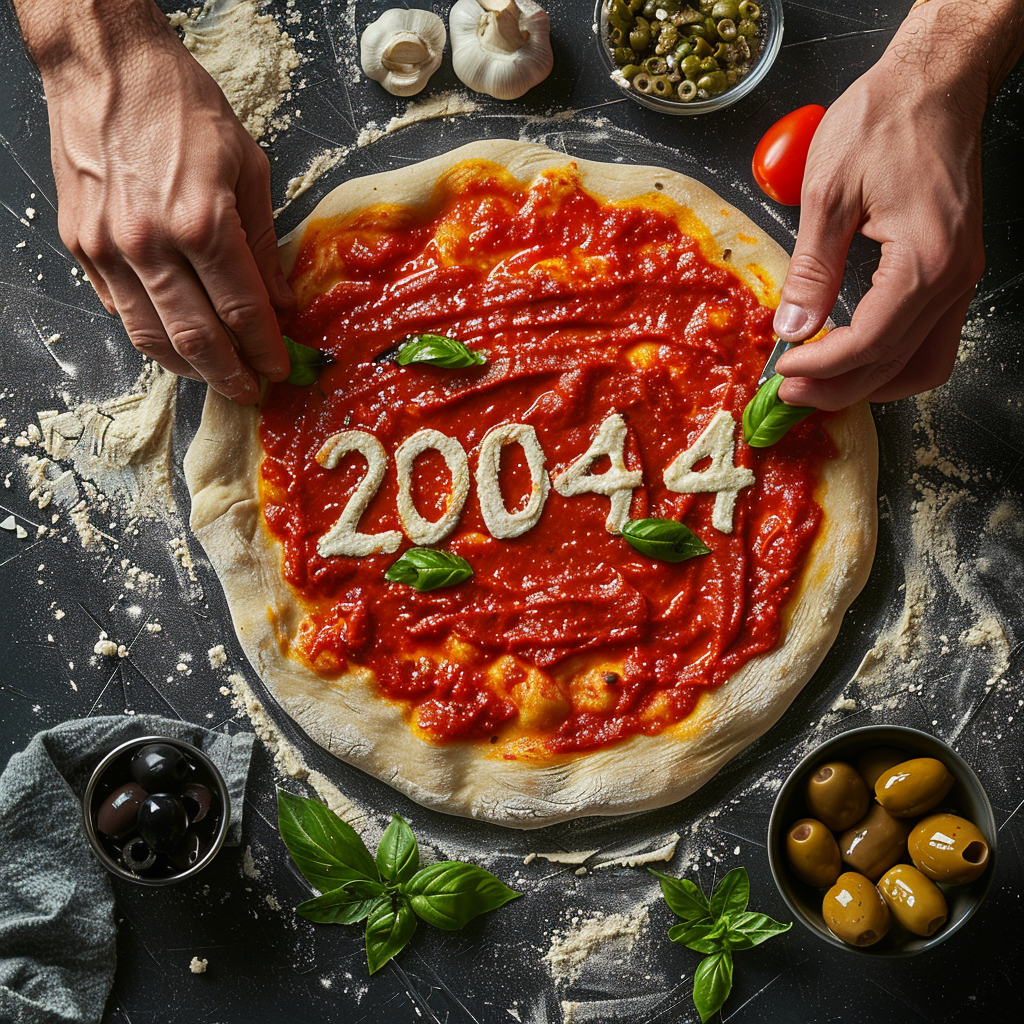 Chef prepares 2014 themed pizza with fresh ingredients.