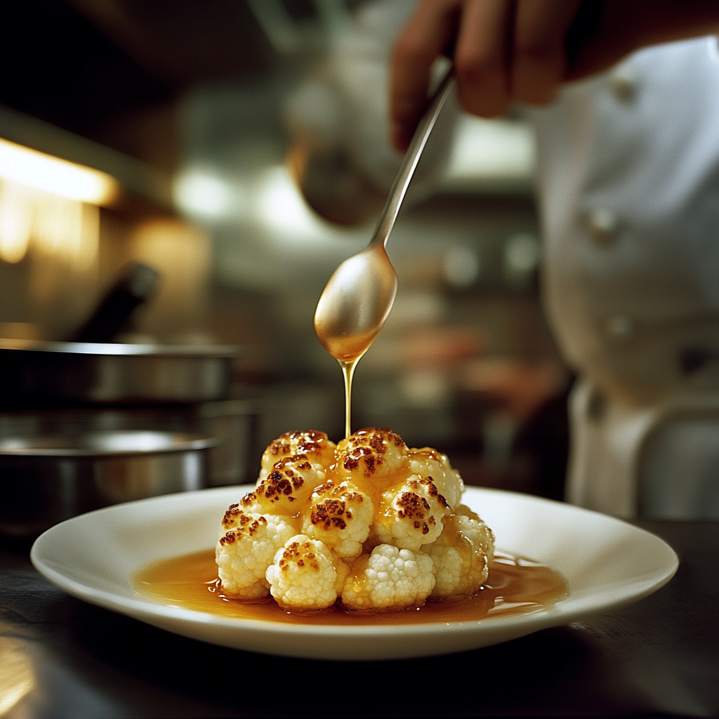 Chef presents delicate tapa: roasted cauliflower with honey.