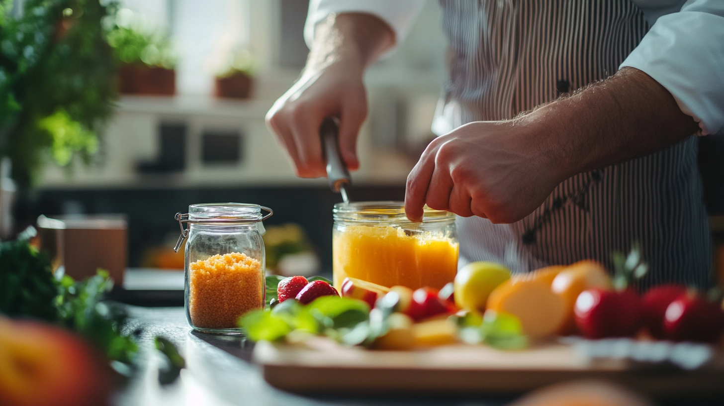 Chef using maltodextrin in low-calorie dessert concept