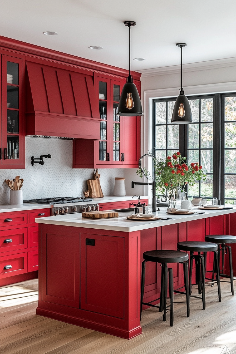 Cherry red kitchen with modern and inviting design.