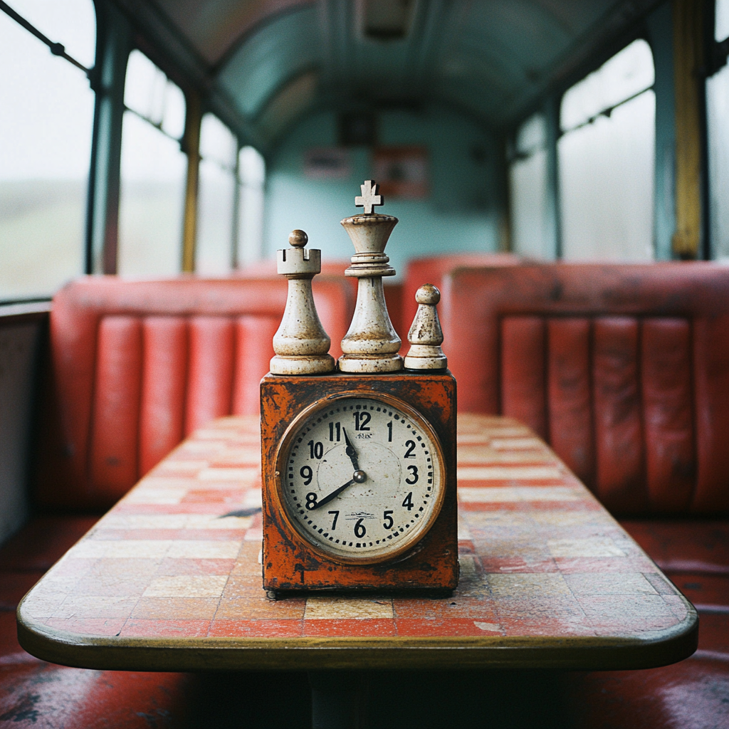 Chess clock on table in Irish train carriage.