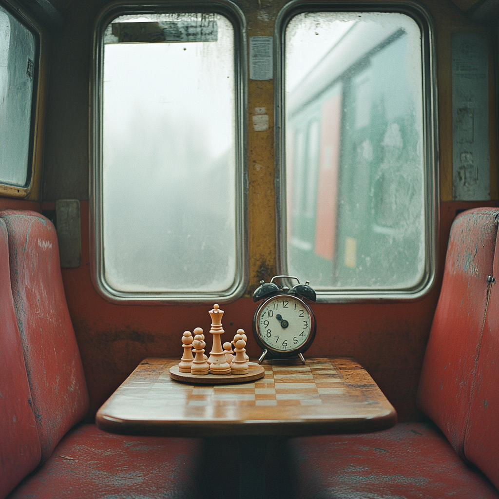 Chess clock timer on wooden table between red seats.