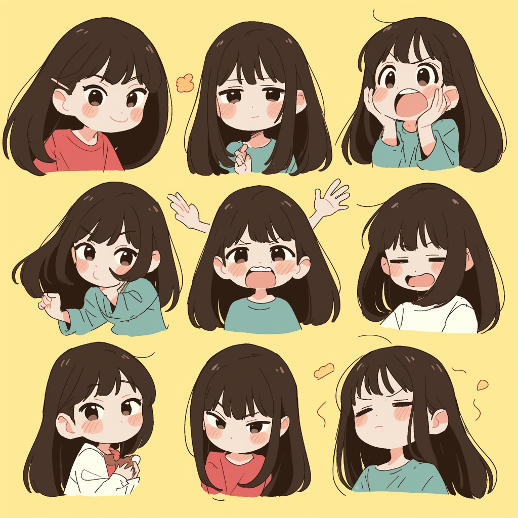 Chibi Anime Woman Shows Emotions in Various Poses