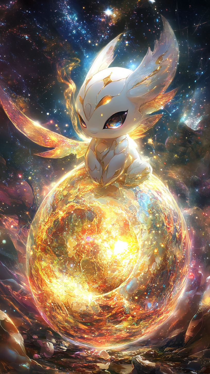 Chibi Arceus hatching from glowing celestial egg, divine light.