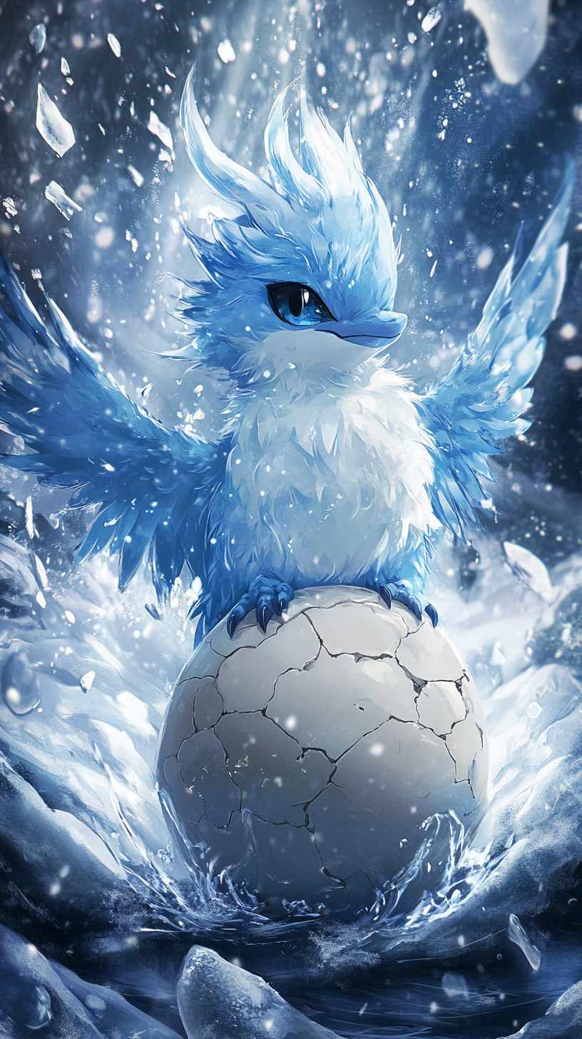 Chibi Articuno hatching from enchanted egg in blizzard.