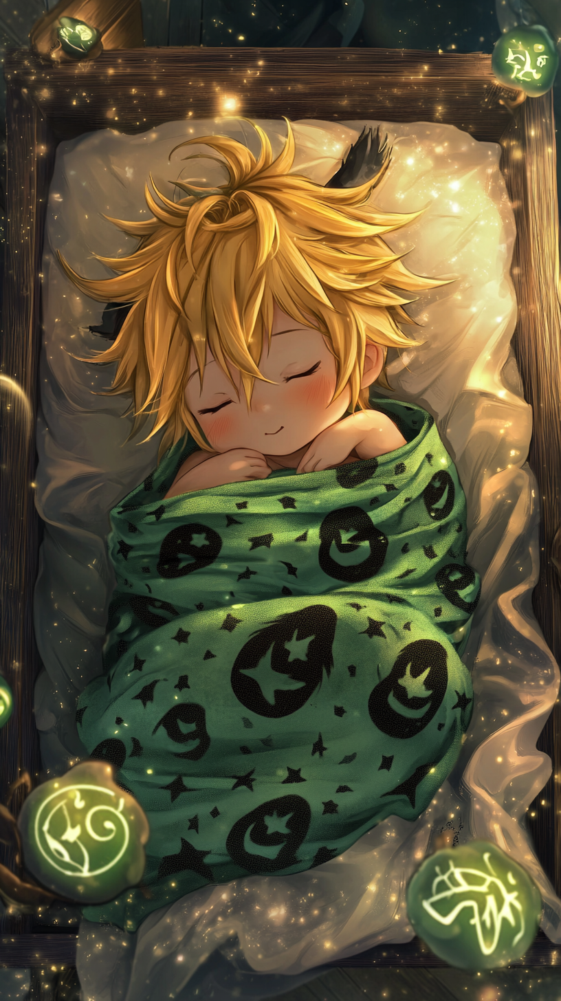 Chibi Baby Meliodas peacefully sleeping in cozy crib